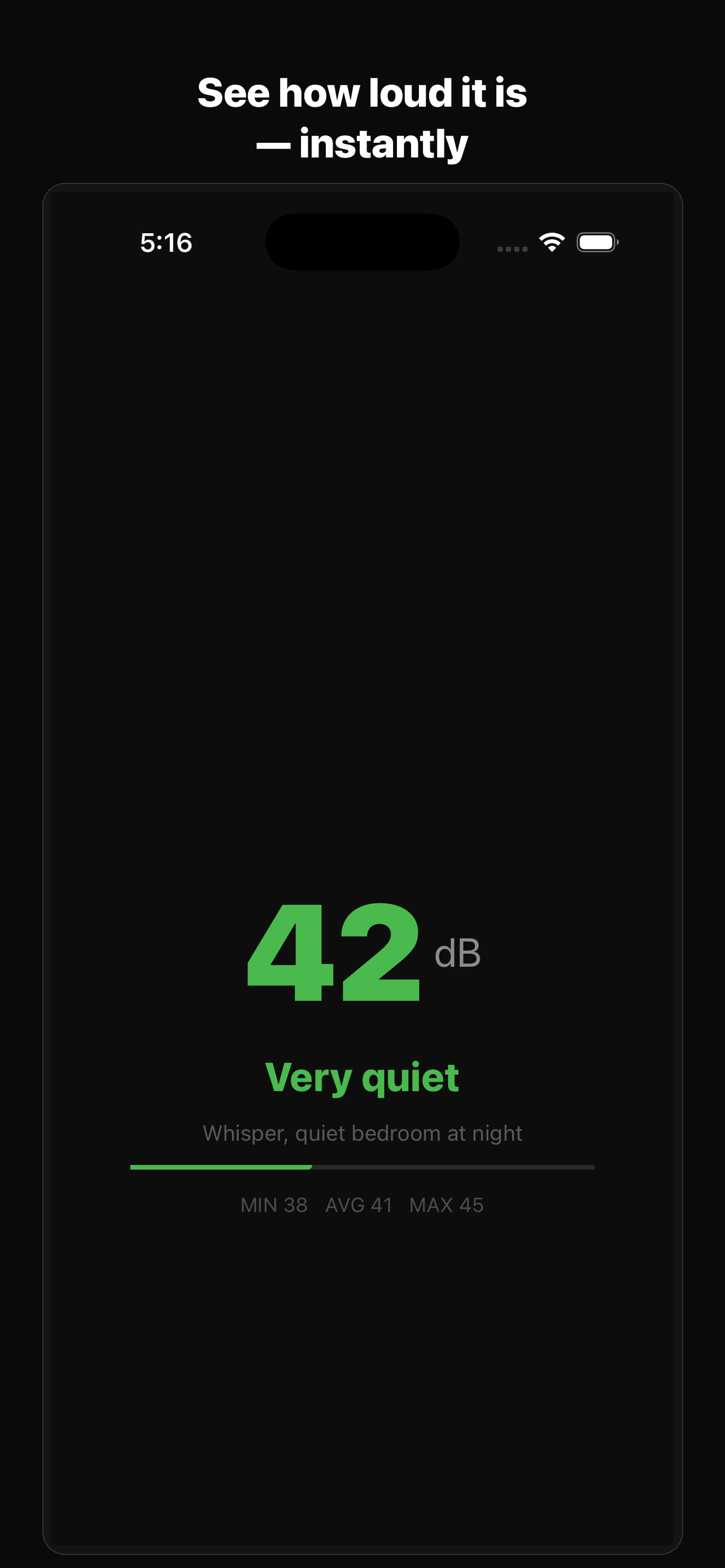 dB Meter showing 42 dB — Very quiet