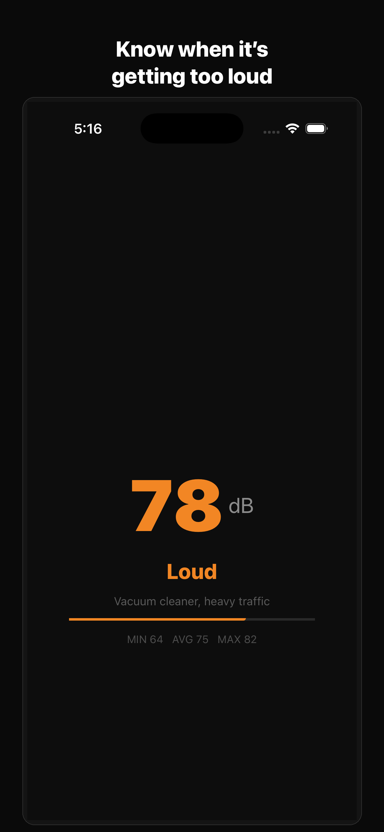 dB Meter at 78 dB — Loud, orange